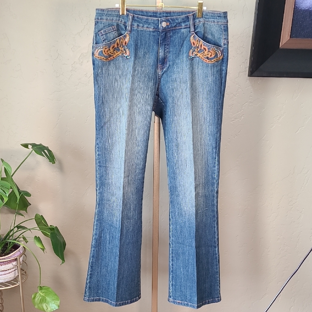 Boston Proper Blue Flare Jeans with Embroidered Details